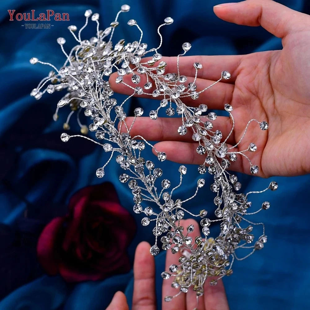 Silver YouLaPan HP463 Silver Rhinestone Adjustable Headbands Women Wedding Prom Party Hair Accessories Bridal Diamond Vine Hair Pieces