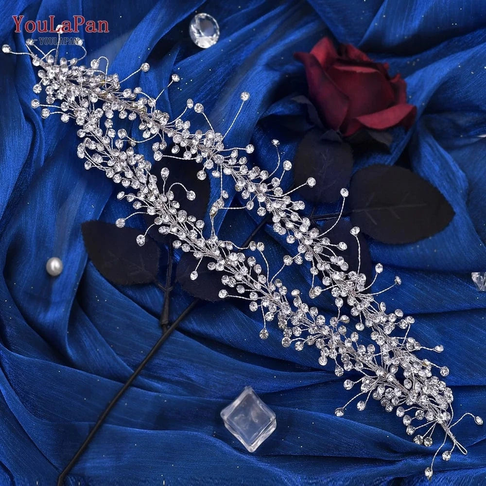 Silver YouLaPan HP463 Silver Rhinestone Adjustable Headbands Women Wedding Prom Party Hair Accessories Bridal Diamond Vine Hair Pieces