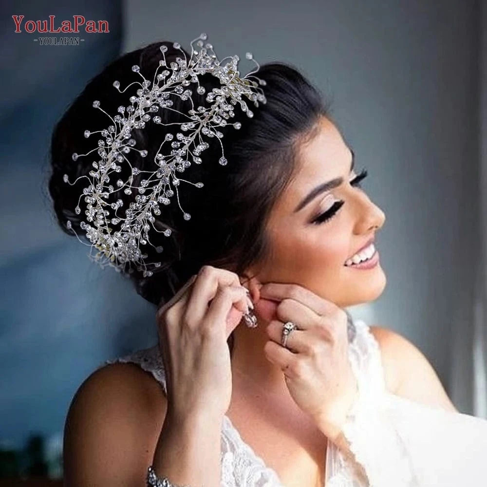 Silver YouLaPan HP463 Silver Rhinestone Adjustable Headbands Women Wedding Prom Party Hair Accessories Bridal Diamond Vine Hair Pieces