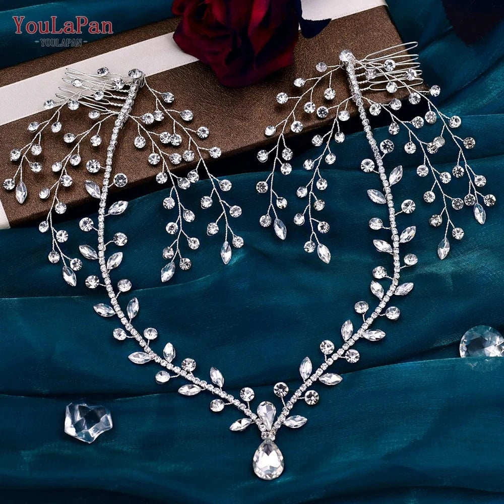 silver YouLaPan HP466 Pop Pendant Hair Accessories Rhinestone Vine Forehead Band Hair Comb Boho Bridal Wedding Headwear