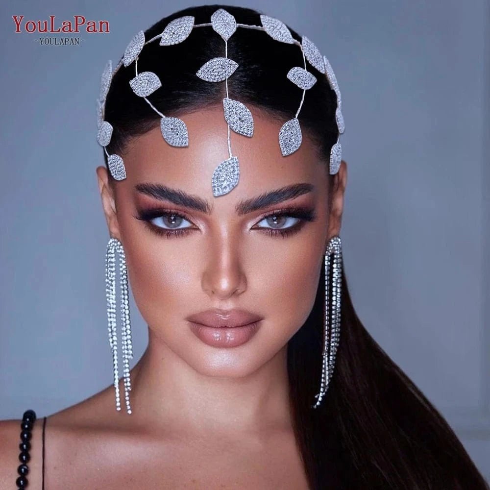 silver YouLaPan HP474 Fashion Alloy Leaf Forehead Chain Eyebrow Pendant Bohemian Female Wedding Headdress Bridal Headband headwear