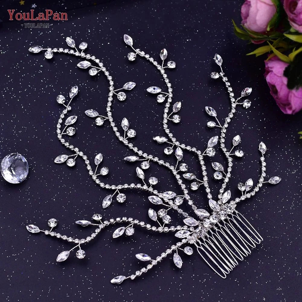 silver YouLaPan HP481 Pretty Woman Long Tentator Hair Comb Gold Silver Rhinestone Hair Pieces Bridal Wedding Plate Hair Accessories