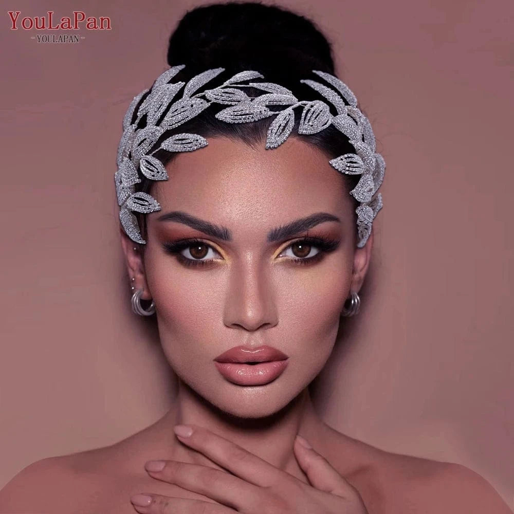 silver YouLaPan HP484 High Quality Bridal Hair Accessories Silver Rhinestone Leaves Big Hair Pieces Beauty Wedding Glitter Headbands