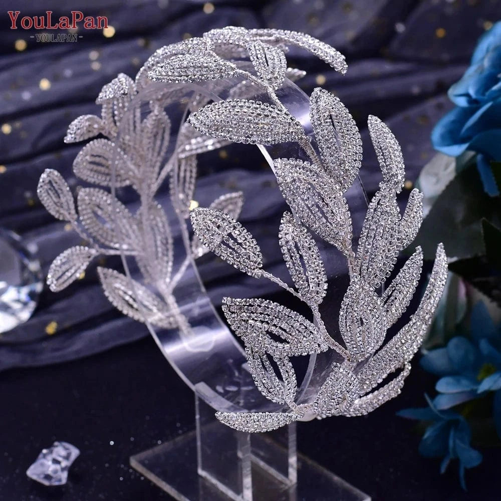 silver YouLaPan HP484 High Quality Bridal Hair Accessories Silver Rhinestone Leaves Big Hair Pieces Beauty Wedding Glitter Headbands