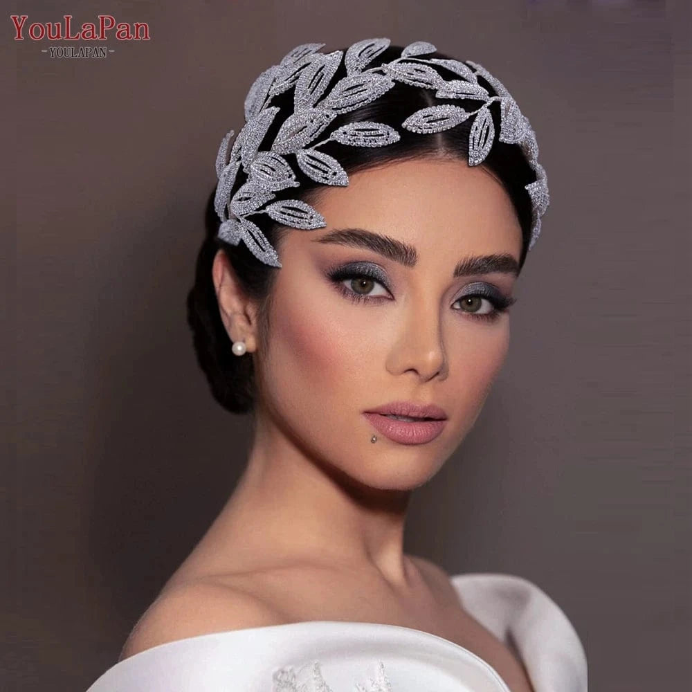 silver YouLaPan HP484 High Quality Bridal Hair Accessories Silver Rhinestone Leaves Big Hair Pieces Beauty Wedding Glitter Headbands