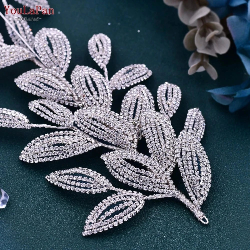 silver YouLaPan HP484 High Quality Bridal Hair Accessories Silver Rhinestone Leaves Big Hair Pieces Beauty Wedding Glitter Headbands
