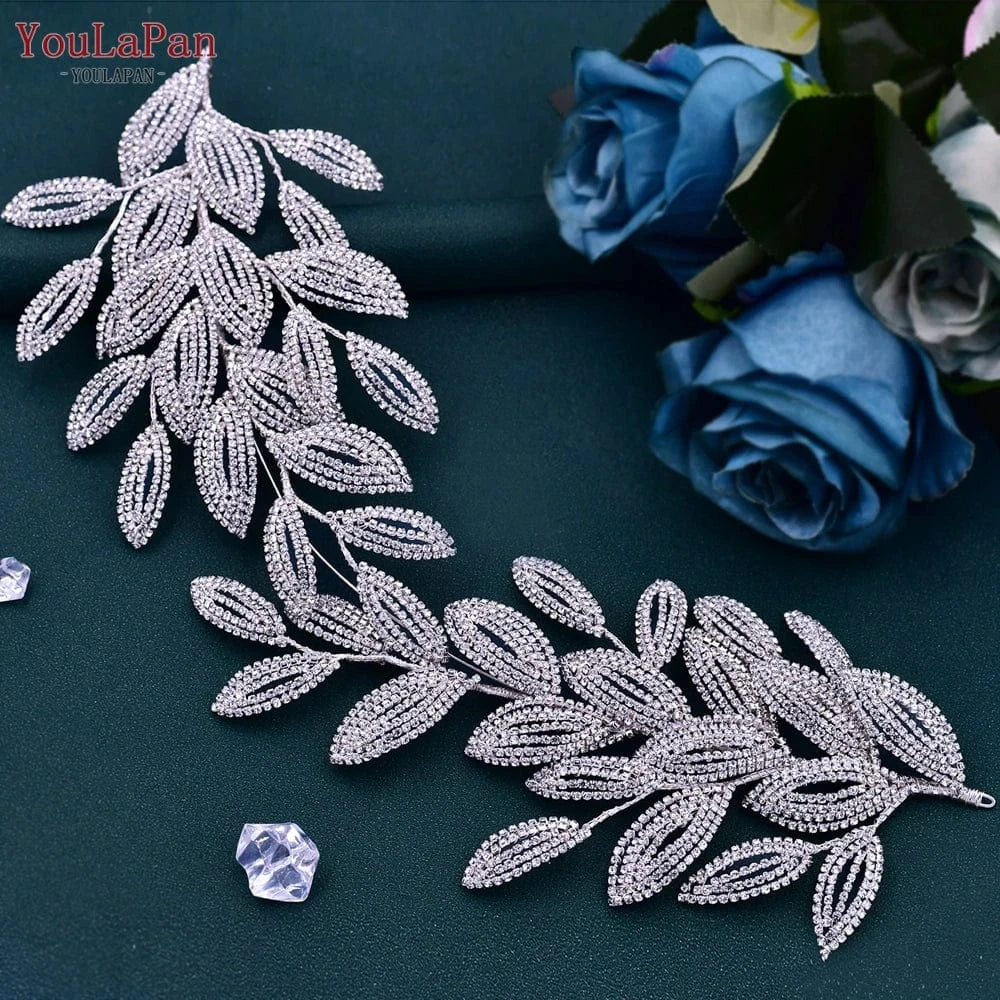 silver YouLaPan HP484 High Quality Bridal Hair Accessories Silver Rhinestone Leaves Big Hair Pieces Beauty Wedding Glitter Headbands