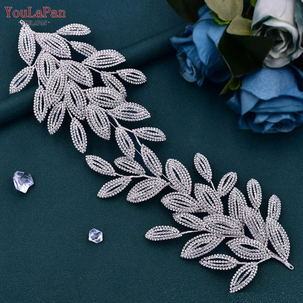 silver YouLaPan HP484 High Quality Bridal Hair Accessories Silver Rhinestone Leaves Big Hair Pieces Beauty Wedding Glitter Headbands