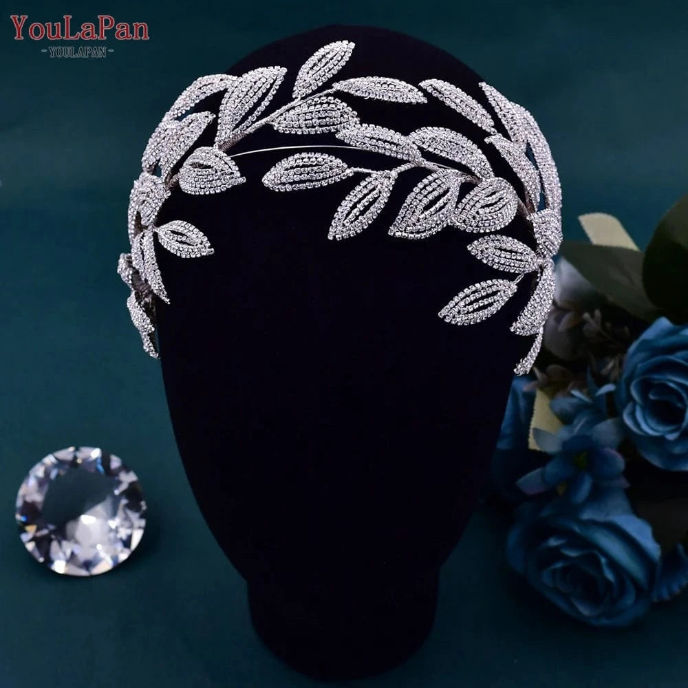 silver YouLaPan HP484 High Quality Bridal Hair Accessories Silver Rhinestone Leaves Big Hair Pieces Beauty Wedding Glitter Headbands