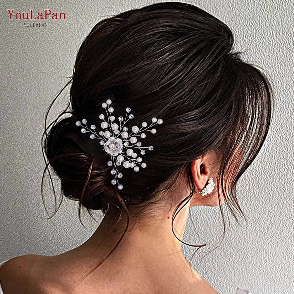 Silver YouLaPan HP503  New Women Hairpin Rhinestone Pearl Flower Bridal Hair Fork Wedding Silver Small Hair Accessories
