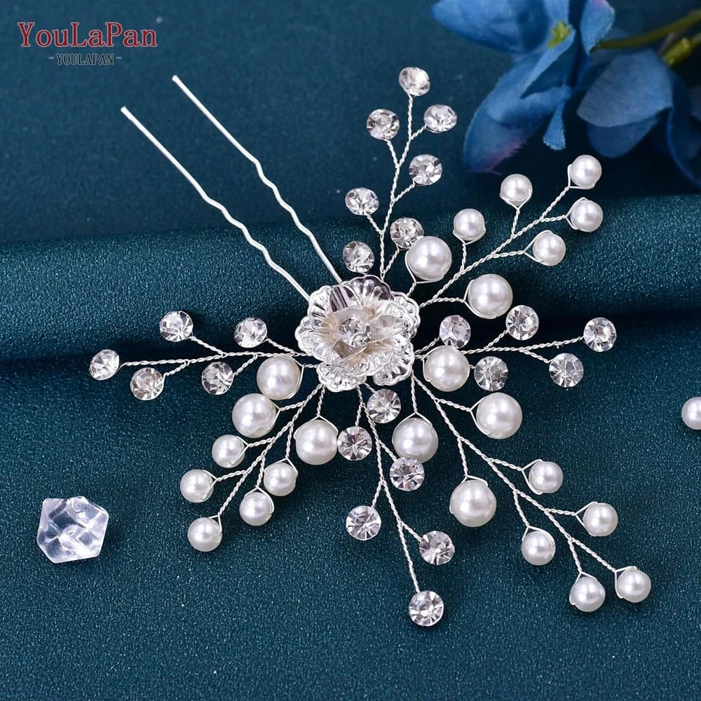 Silver YouLaPan HP503  New Women Hairpin Rhinestone Pearl Flower Bridal Hair Fork Wedding Silver Small Hair Accessories