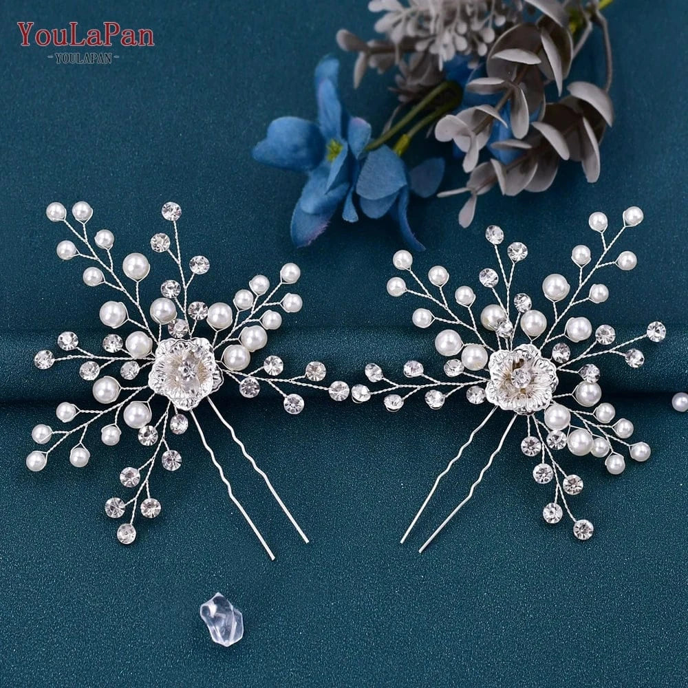 Silver YouLaPan HP503  New Women Hairpin Rhinestone Pearl Flower Bridal Hair Fork Wedding Silver Small Hair Accessories