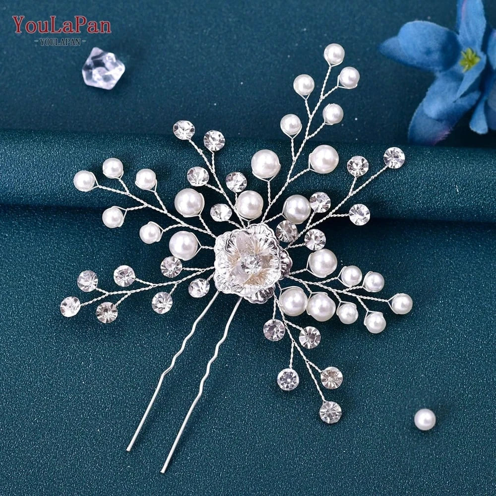 Silver YouLaPan HP503  New Women Hairpin Rhinestone Pearl Flower Bridal Hair Fork Wedding Silver Small Hair Accessories
