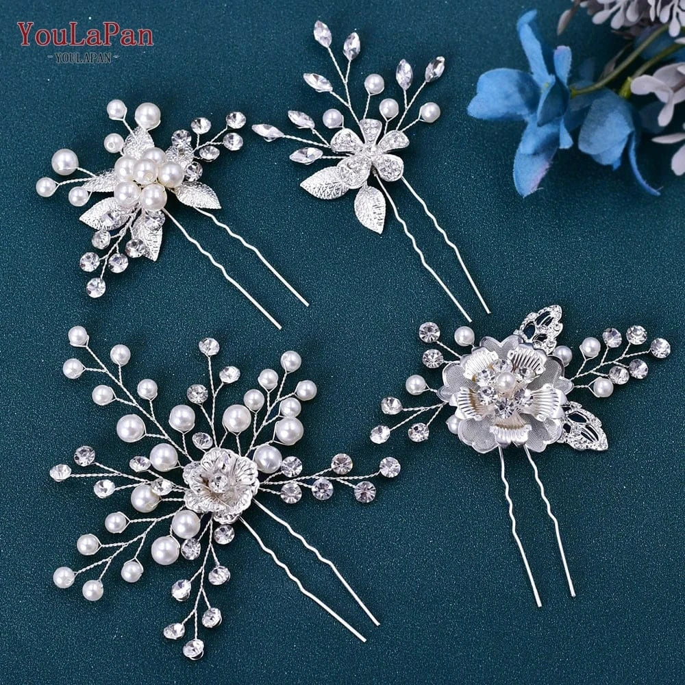 Silver YouLaPan HP503  New Women Hairpin Rhinestone Pearl Flower Bridal Hair Fork Wedding Silver Small Hair Accessories