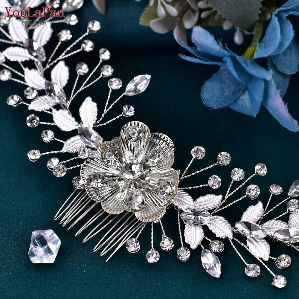silver YouLaPan HP547 Delicate Alloy Flower Leaves Hair Vine Shiny Party Prom Rhinestone Hair Comb Bridal Wedding Hair Accessories