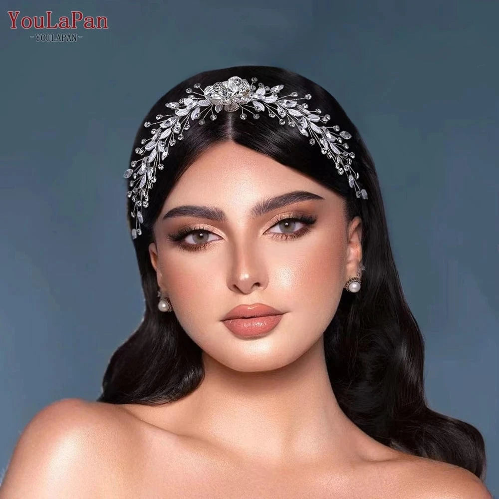 silver YouLaPan HP547 Delicate Alloy Flower Leaves Hair Vine Shiny Party Prom Rhinestone Hair Comb Bridal Wedding Hair Accessories