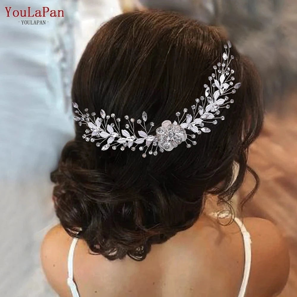 silver YouLaPan HP547 Delicate Alloy Flower Leaves Hair Vine Shiny Party Prom Rhinestone Hair Comb Bridal Wedding Hair Accessories
