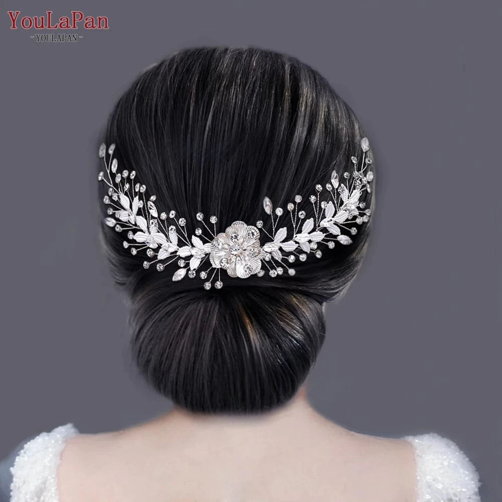 silver YouLaPan HP547 Delicate Alloy Flower Leaves Hair Vine Shiny Party Prom Rhinestone Hair Comb Bridal Wedding Hair Accessories
