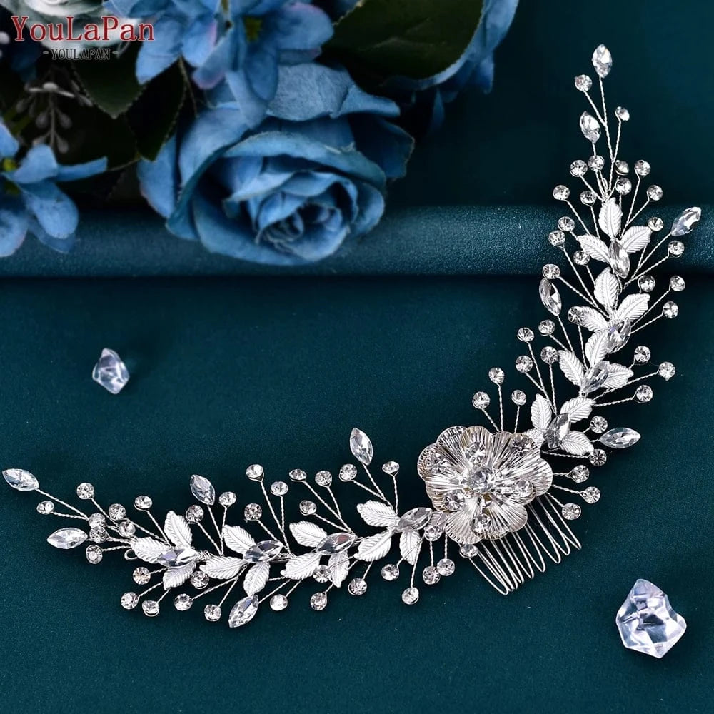 silver YouLaPan HP547 Delicate Alloy Flower Leaves Hair Vine Shiny Party Prom Rhinestone Hair Comb Bridal Wedding Hair Accessories