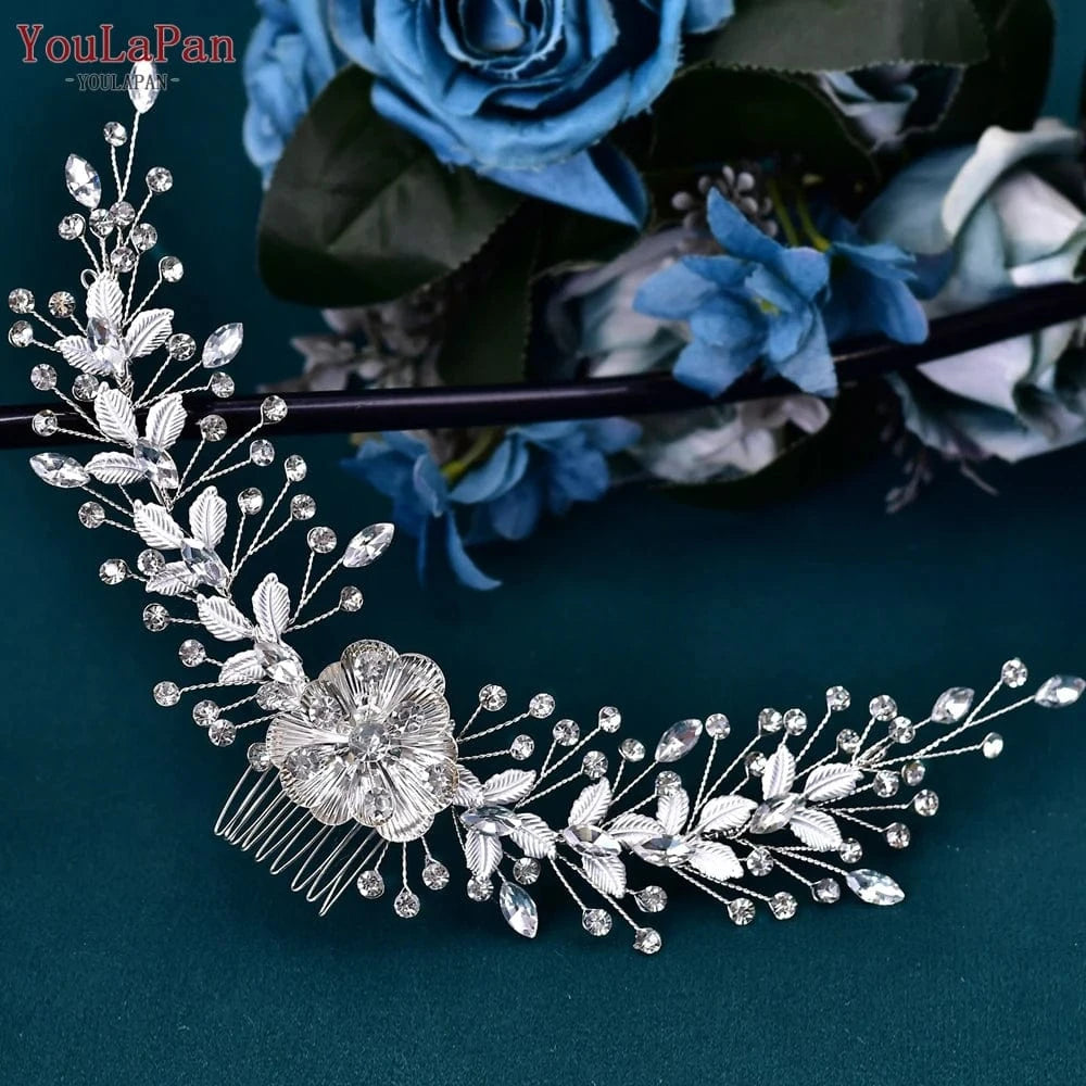 silver YouLaPan HP547 Delicate Alloy Flower Leaves Hair Vine Shiny Party Prom Rhinestone Hair Comb Bridal Wedding Hair Accessories