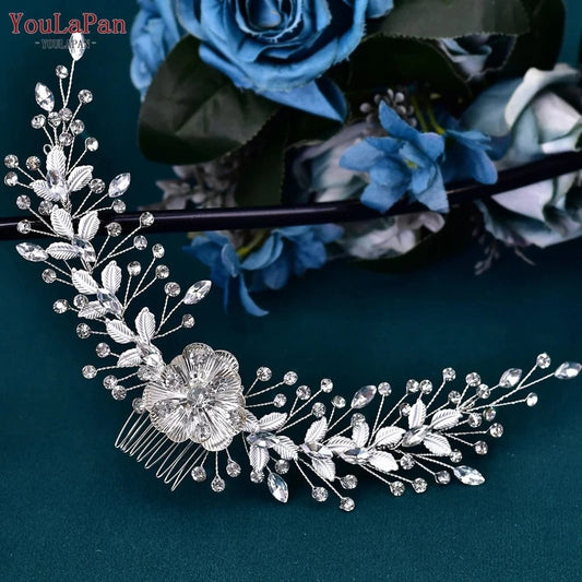 silver YouLaPan HP547 Delicate Alloy Flower Leaves Hair Vine Shiny Party Prom Rhinestone Hair Comb Bridal Wedding Hair Accessories