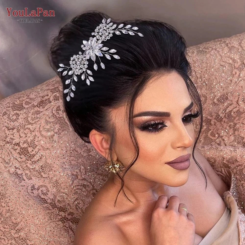 Silver YouLaPan HP77 Women Daily Hair Accessories Beautiful Silver Rhinestone Flower Shape Hair Comb Bridal Wedding Pan Hair Comb
