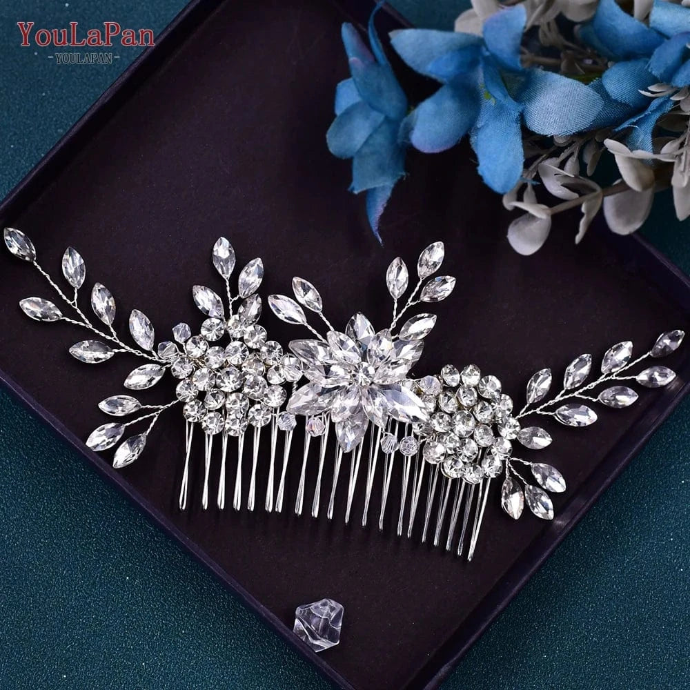 Silver YouLaPan HP77 Women Daily Hair Accessories Beautiful Silver Rhinestone Flower Shape Hair Comb Bridal Wedding Pan Hair Comb