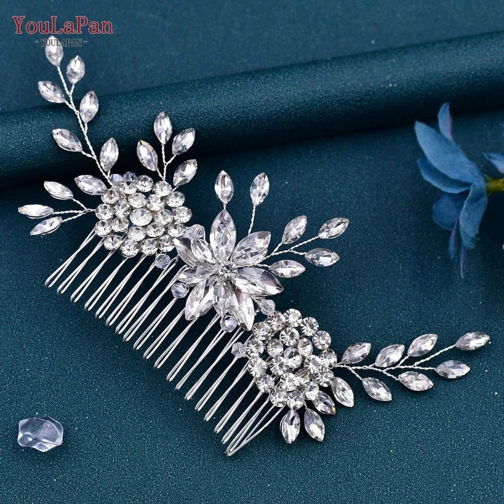 Silver YouLaPan HP77 Women Daily Hair Accessories Beautiful Silver Rhinestone Flower Shape Hair Comb Bridal Wedding Pan Hair Comb