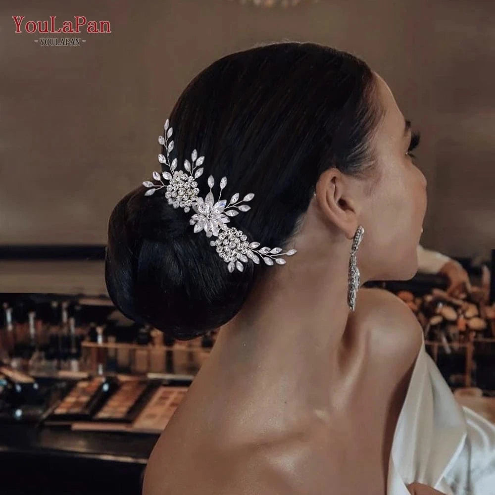 Silver YouLaPan HP77 Women Daily Hair Accessories Beautiful Silver Rhinestone Flower Shape Hair Comb Bridal Wedding Pan Hair Comb