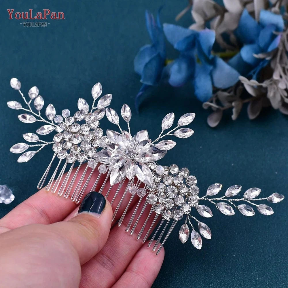 Silver YouLaPan HP77 Women Daily Hair Accessories Beautiful Silver Rhinestone Flower Shape Hair Comb Bridal Wedding Pan Hair Comb