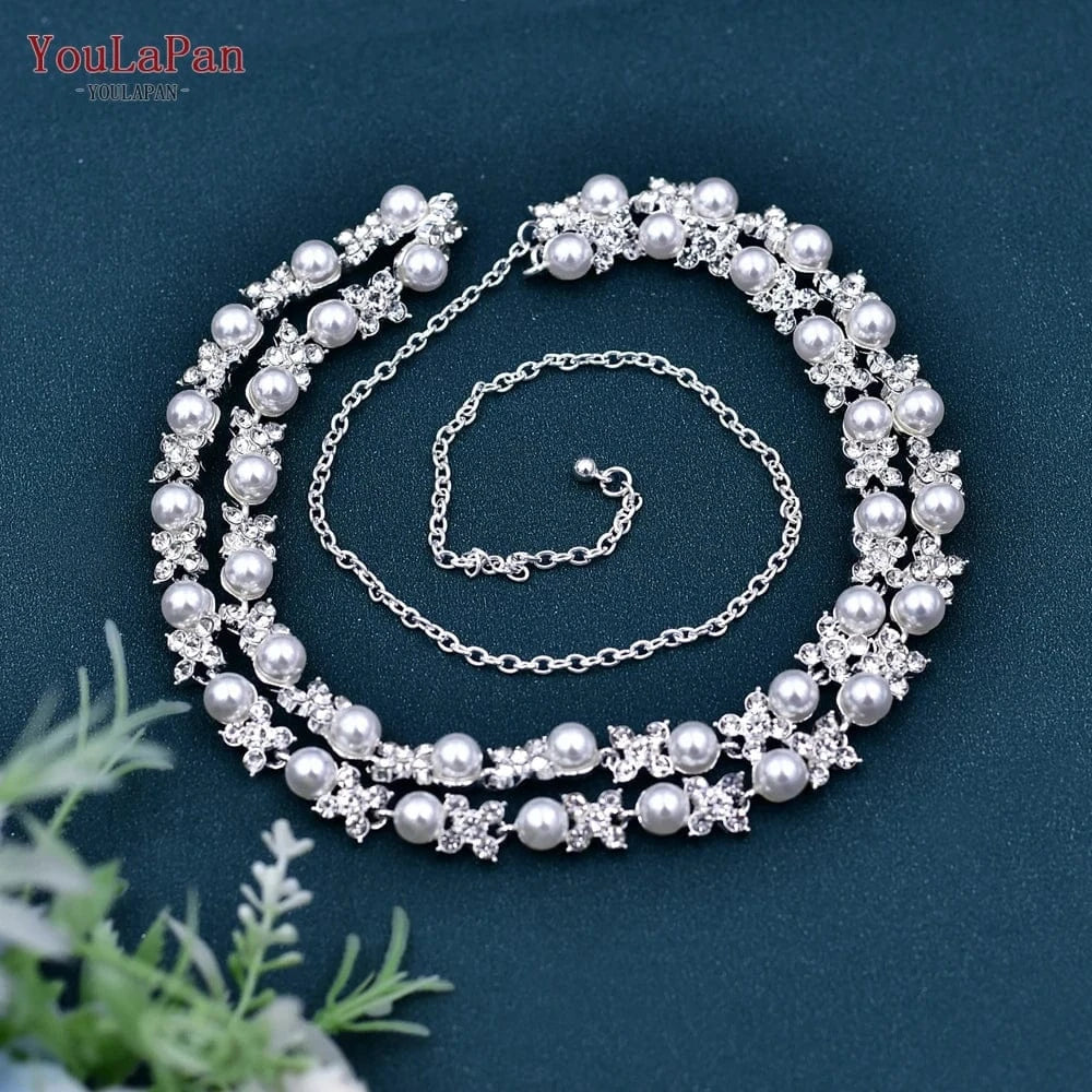 silver YouLaPan S47 Pop Pearl Alloy Flower Waist Chain Women Dress Waist Accessories Party Wedding Bridal Extender Chain Belt