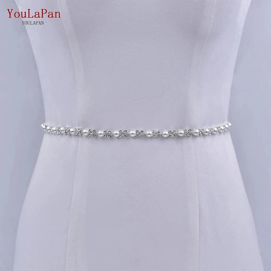 silver YouLaPan S47 Pop Pearl Alloy Flower Waist Chain Women Dress Waist Accessories Party Wedding Bridal Extender Chain Belt