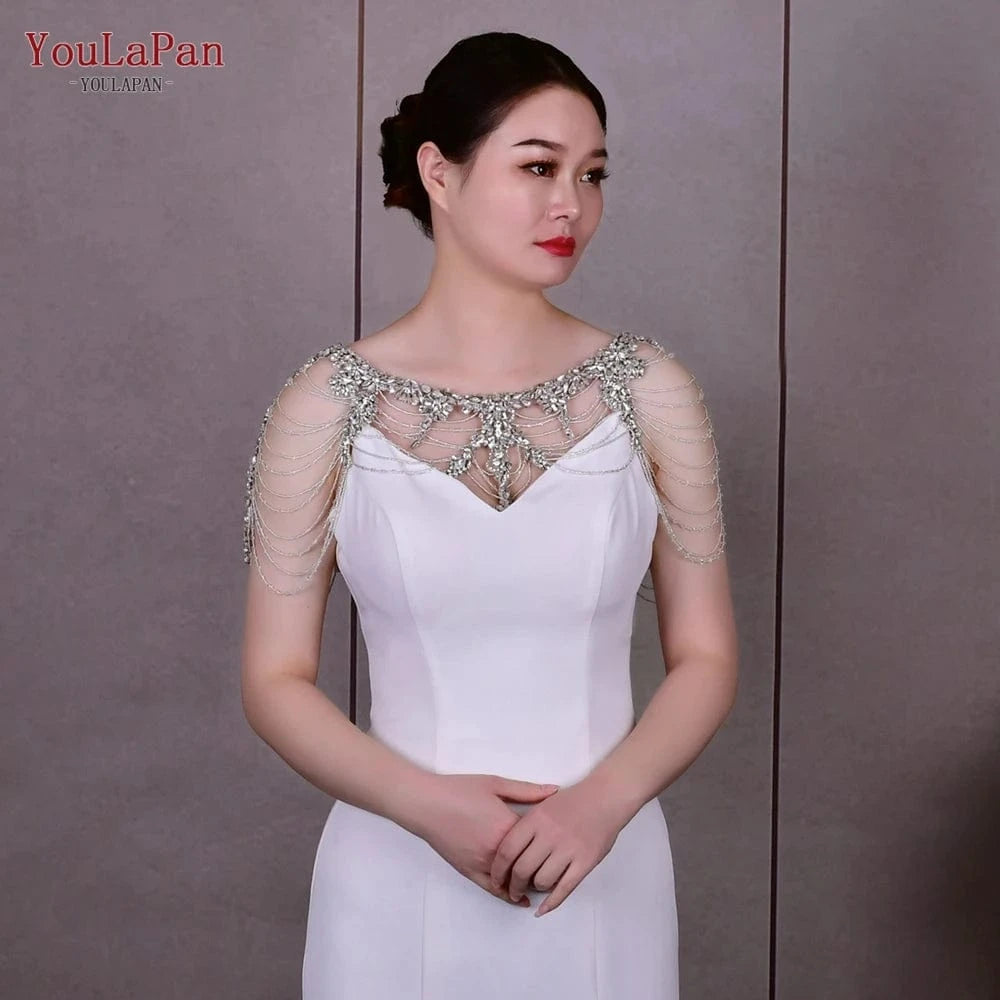 Silver YouLaPan SG26 Hot Sale Handmade Dress Shawl Crystal Tassel Ladies Shoulder Chain Top Jacket Wedding Accessories Bridal Shawl
