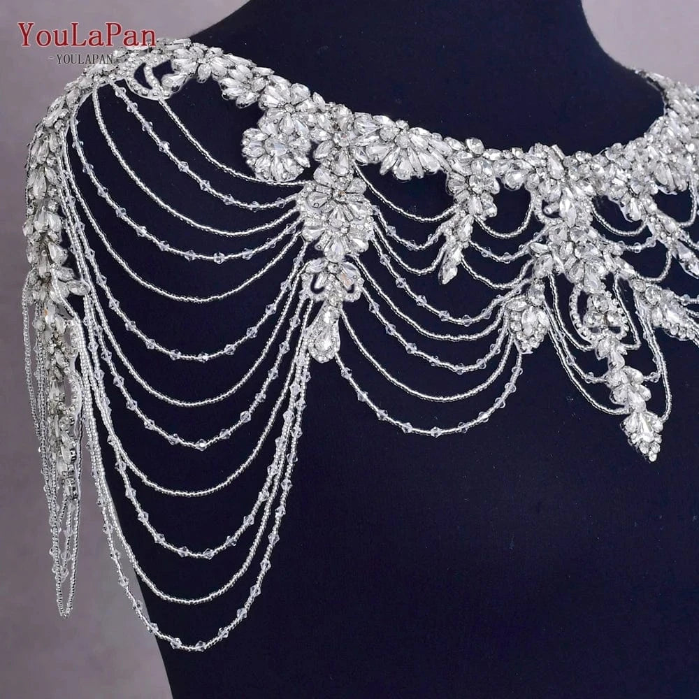 Silver YouLaPan SG26 Hot Sale Handmade Dress Shawl Crystal Tassel Ladies Shoulder Chain Top Jacket Wedding Accessories Bridal Shawl
