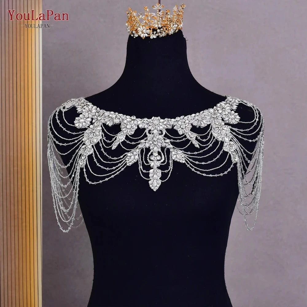 Silver YouLaPan SG26 Hot Sale Handmade Dress Shawl Crystal Tassel Ladies Shoulder Chain Top Jacket Wedding Accessories Bridal Shawl
