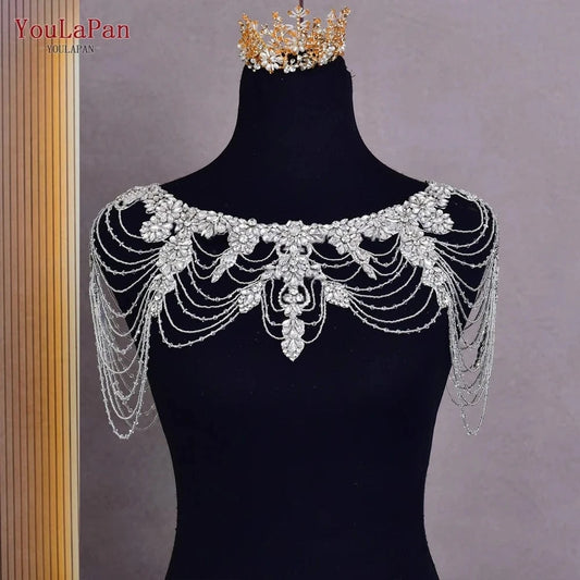Silver YouLaPan SG26 Hot Sale Handmade Dress Shawl Crystal Tassel Ladies Shoulder Chain Top Jacket Wedding Accessories Bridal Shawl