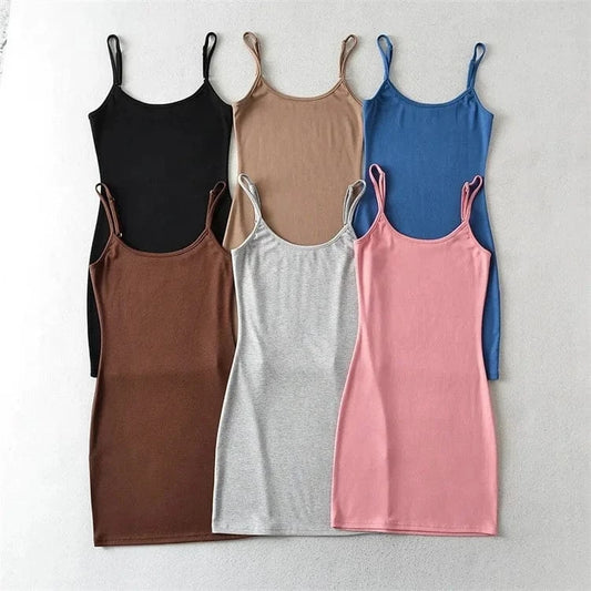 Simple Classic 6 Color Elegant Casual Mini Length Sleeveless O Neck Stretch Jersey Bodycon Casual Dresses
