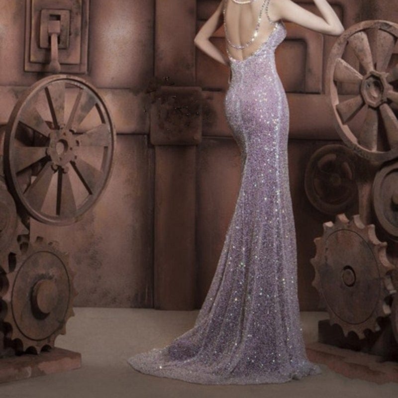 Simple design Sexy Fashion Solid Color V-neck Sequin Dress Female Sleeveless Party Evening Dress drop shipping fulfill