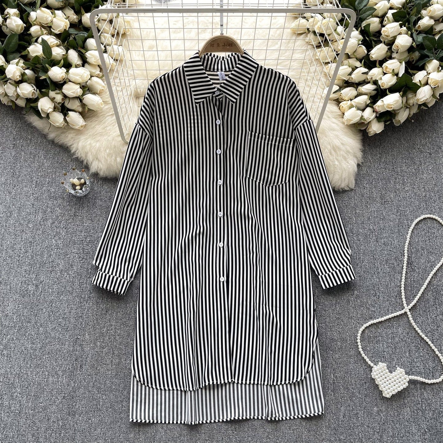 Simple high-end striped long shirt for women's spring and summer Polo neck long sleeved loose design top oversize shirt