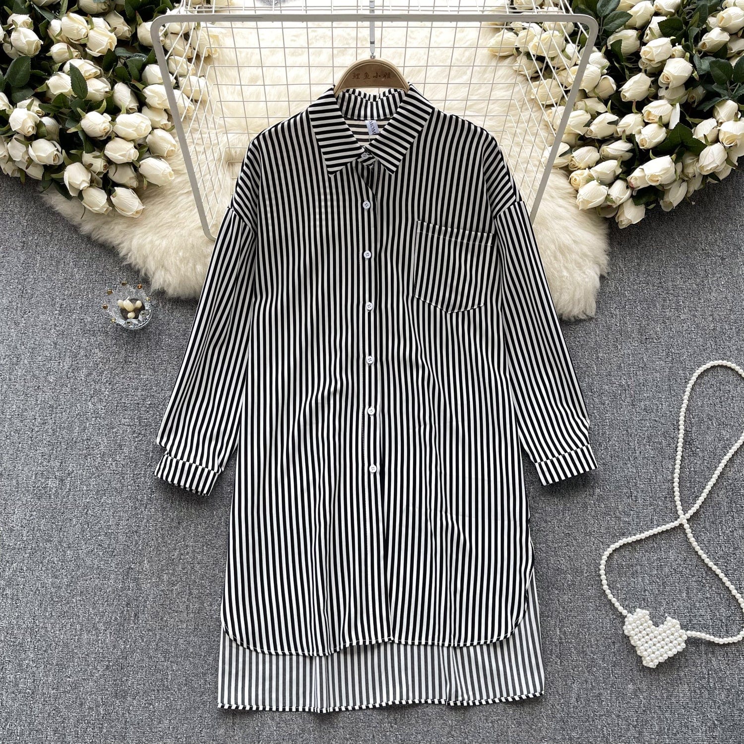 Simple high-end striped long shirt for women's spring and summer Polo neck long sleeved loose design top oversize shirt