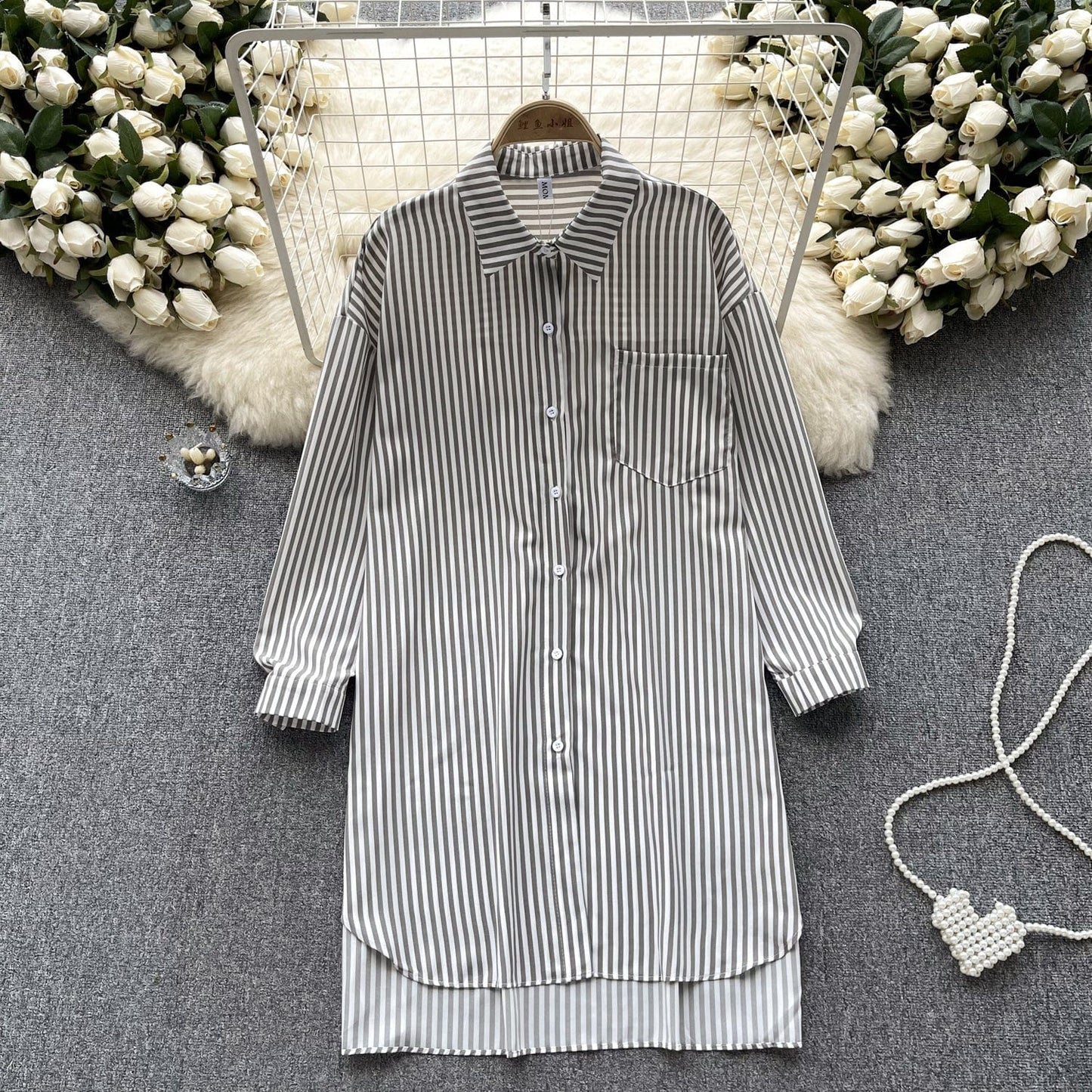 Simple high-end striped long shirt for women's spring and summer Polo neck long sleeved loose design top oversize shirt