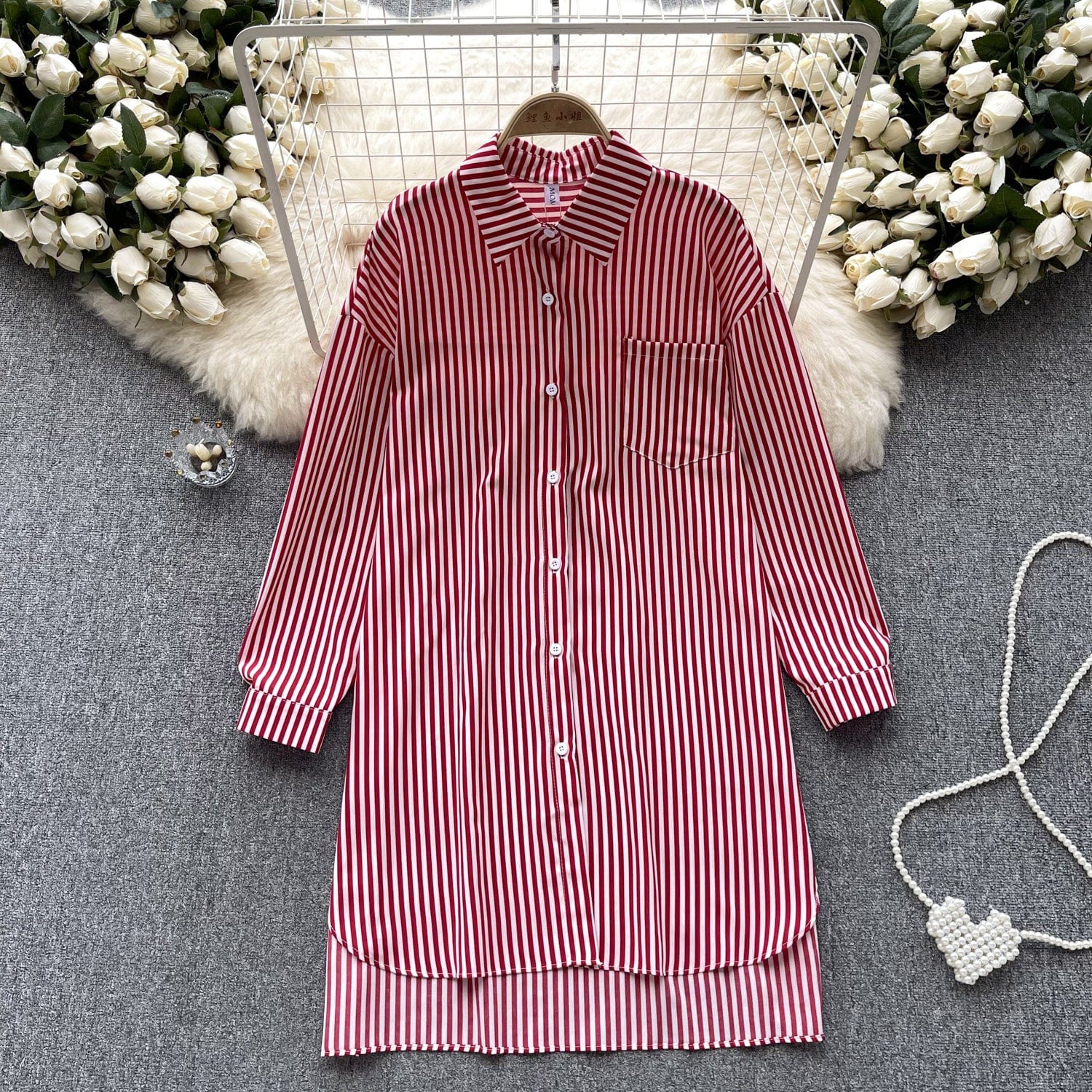 Simple high-end striped long shirt for women's spring and summer Polo neck long sleeved loose design top oversize shirt
