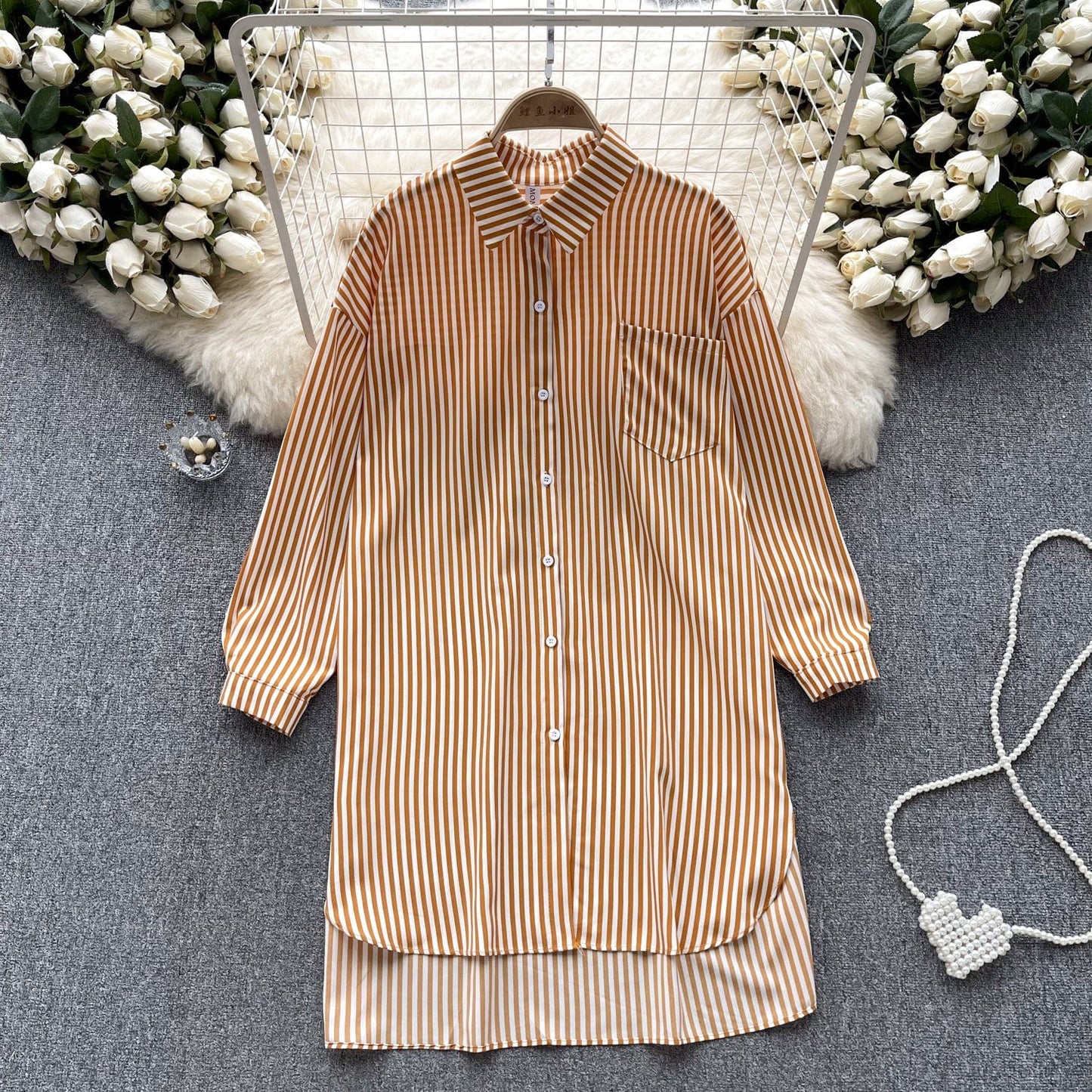 Simple high-end striped long shirt for women's spring and summer Polo neck long sleeved loose design top oversize shirt