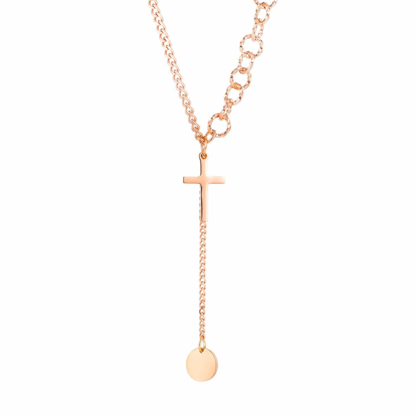 Simple ins wind round brand tassel Pendant Necklace stainless steel Rose Gold Plated Cross Pendant women's sweater long chain