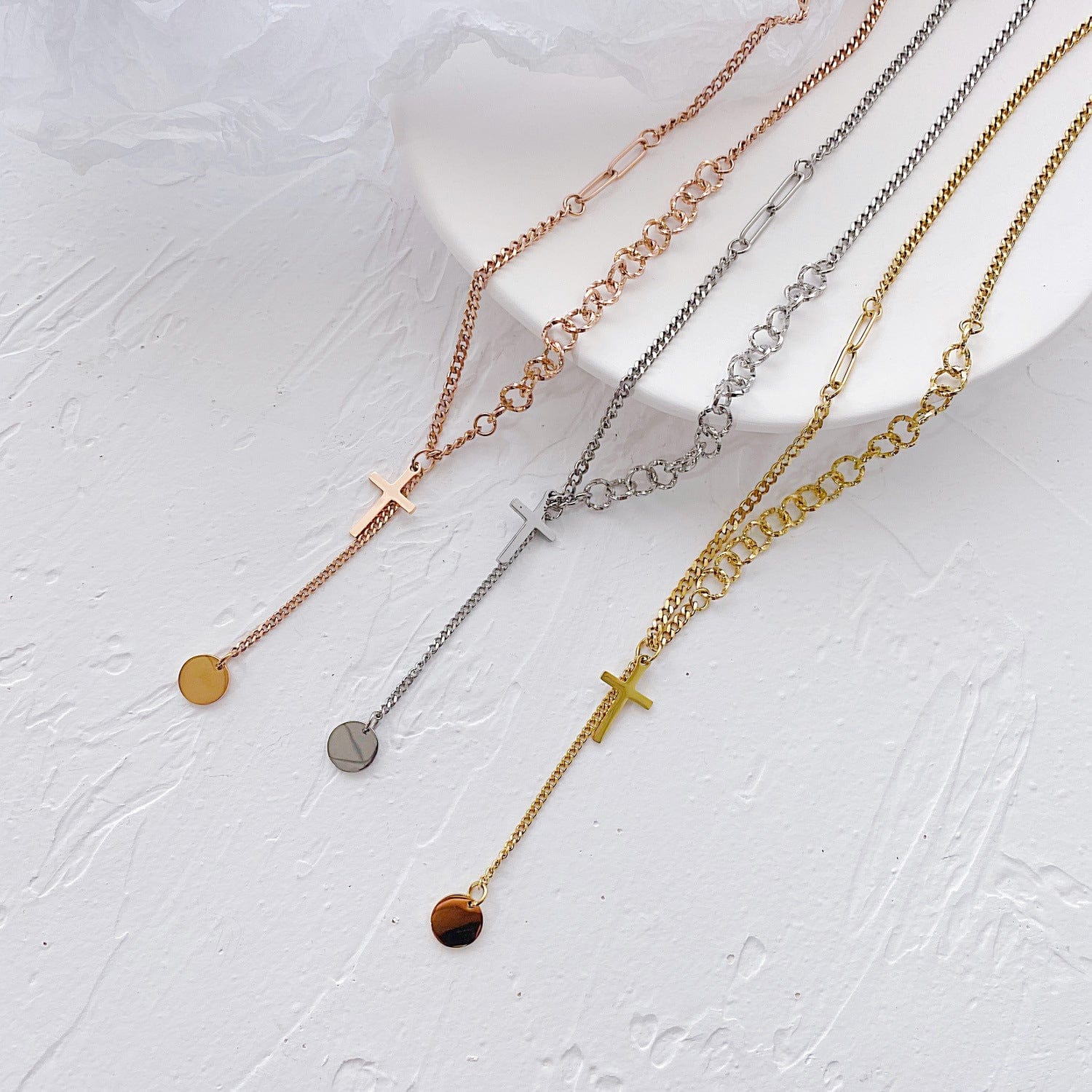 Simple ins wind round brand tassel Pendant Necklace stainless steel Rose Gold Plated Cross Pendant women's sweater long chain