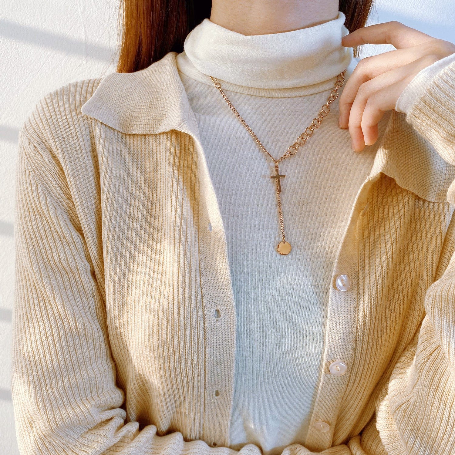 Simple ins wind round brand tassel Pendant Necklace stainless steel Rose Gold Plated Cross Pendant women's sweater long chain