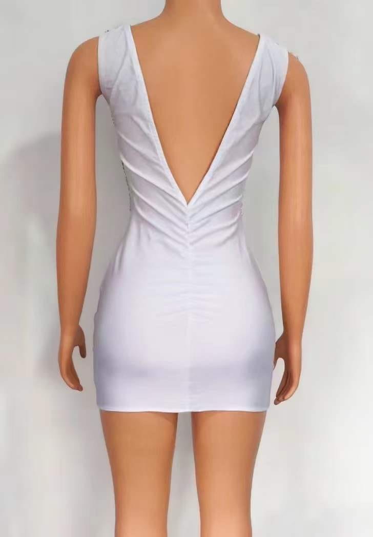 Simple Luxury Deep V Backless Sleeveless Sexy Slit Mini Bodycon Dress Pearl Elegant Mesh Club Sexy Dress With Diamond