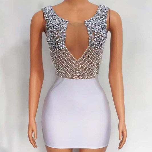 Simple Luxury Deep V Backless Sleeveless Sexy Slit Mini Bodycon Dress Pearl Elegant Mesh Club Sexy Dress With Diamond