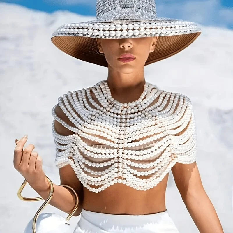 Simple Style Beaded Body Chain Handmade Faux Pearls Shawl Chain Elegant Body Jewelry Accessories bustier For Women Girls