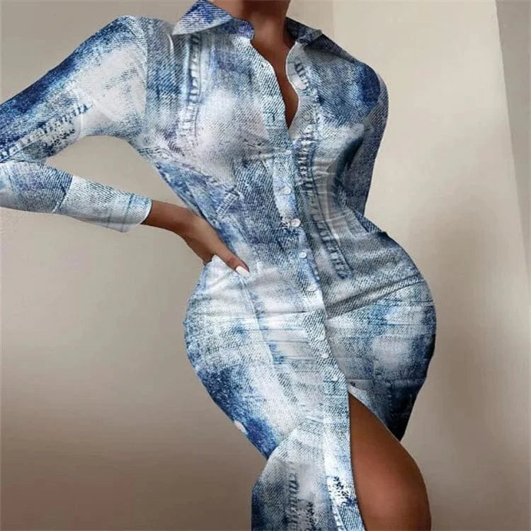 Single-breasted long-sleeved waist printed shirt dress elegant casual one-piece long skirt ladies cheap casual dress